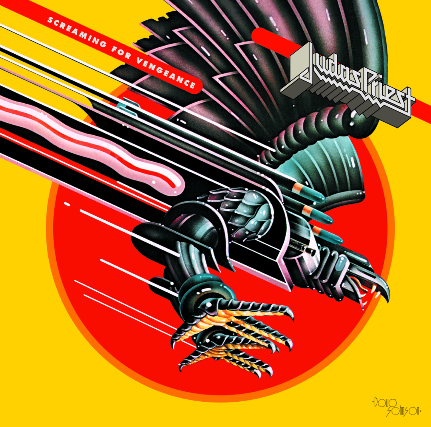 Album cover for 'Screaming for Vengeance' by Judas Priest with a mechanical design on a yellow and red background.