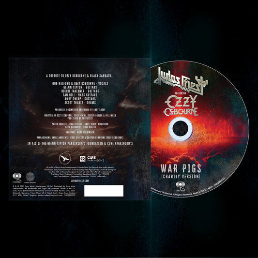 CD cover with 'Judas Priest featuring Ozzy Osbourne' and 'War Pigs (Charity Version)' text on a dark background