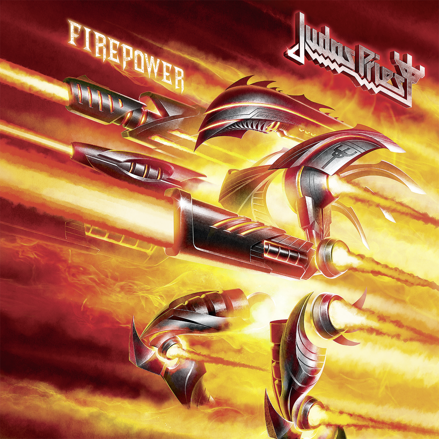 Album cover for 'Firepower' by Judas Priest with fiery design and weapon-like elements.